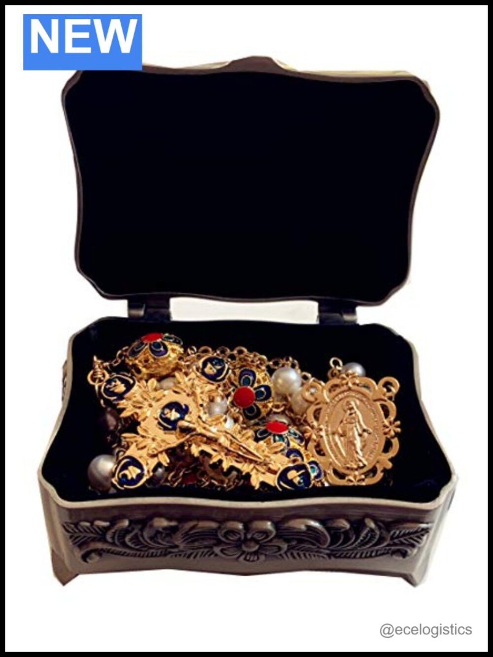 Handmade Real Pearl & Gold Plated Enamel Catholic Rosary Crucifix Necklace